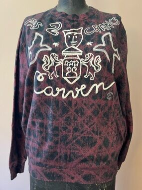 Designer Carven Black & Red Folk Embroidered Side Zipper Cotton Sweater Size M